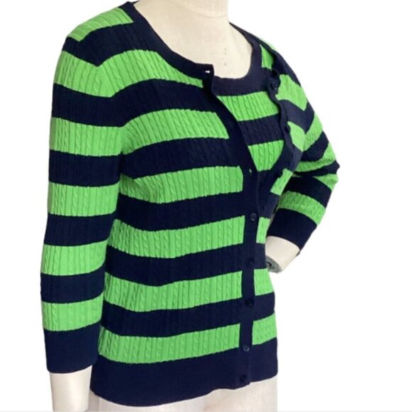 Talbots Cotton Cardigan Twinset Cable Knit Striped Sz PM Navy Blue & Green 91Q - Picture 4 of 10